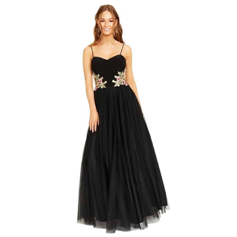 BLONDIE NITES Womens Black Patterned Spaghetti Strap Sweetheart Neckline Full-Le